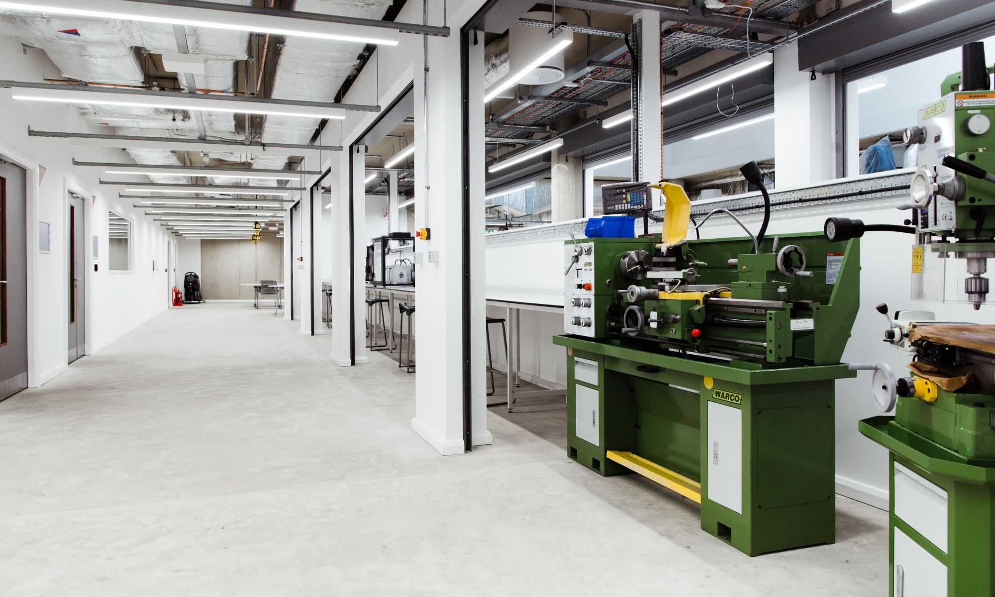Overview of the brand new engineering facility, showing equipment and hallway.