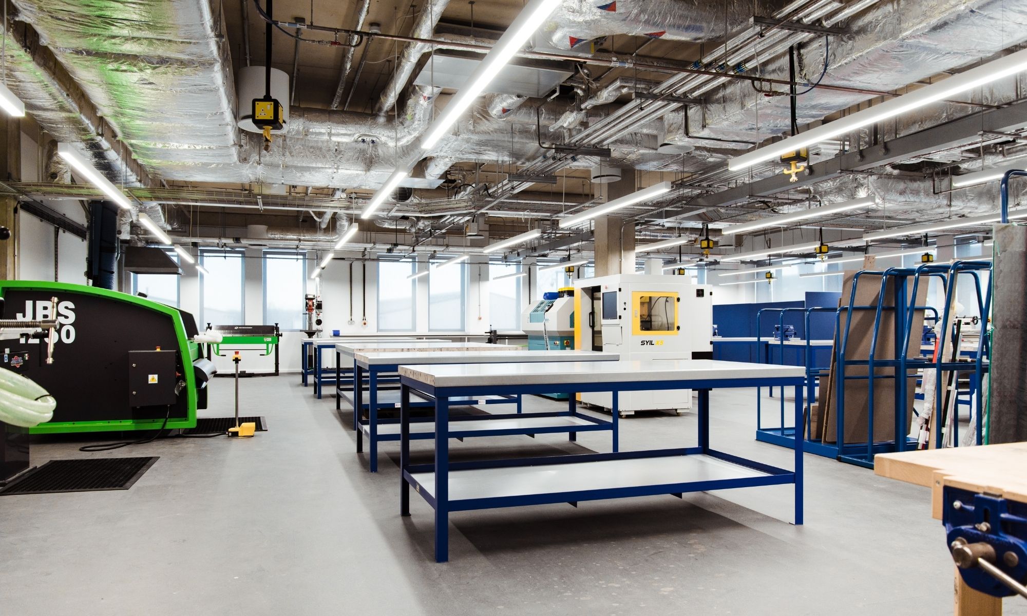 Overview of the brand new engineering facility, showing work bench and equipment. 