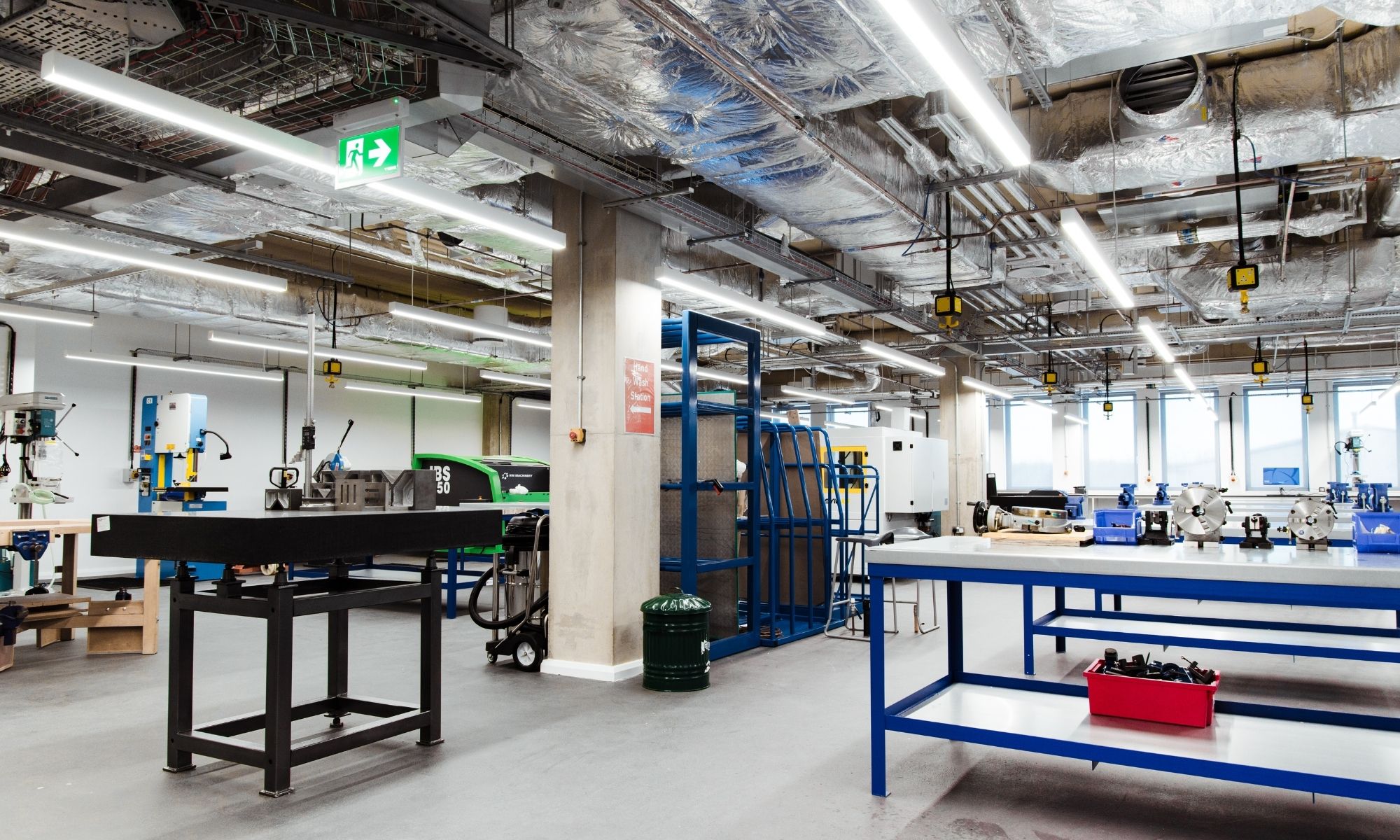 Overview of the brand new engineering facility, showing work bench and equipment. 