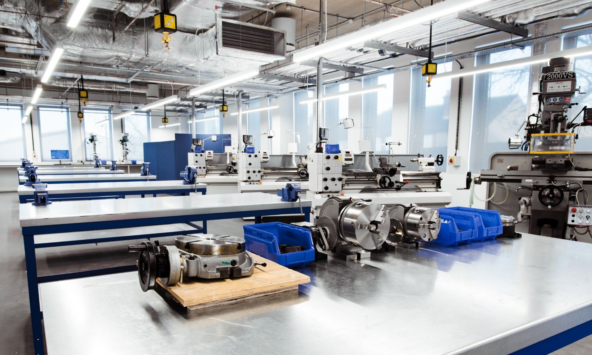 Engineering lab with equipment on desk.